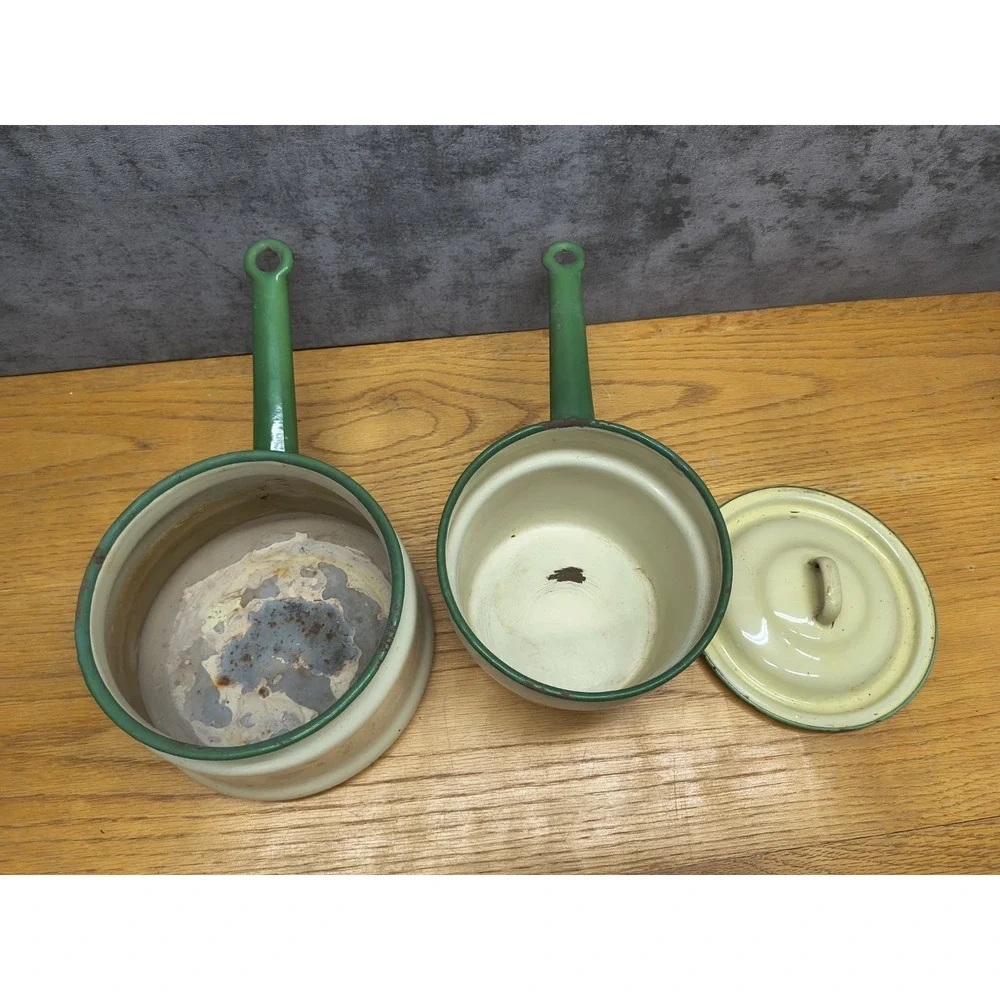 Vintage Enamelware Double‎ Boiler Cream Green Trim Circa 1930's - 40's Lid 3 Pcs